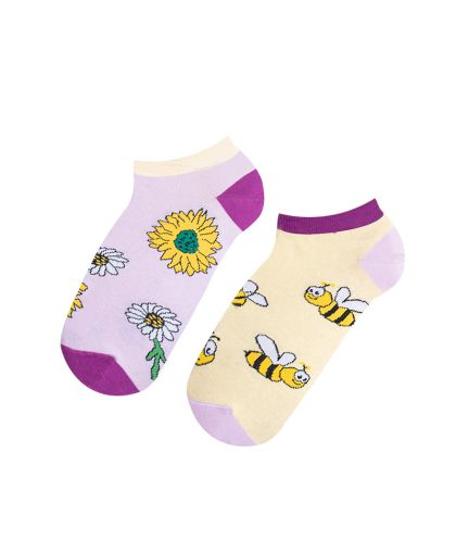 Къси чорапи ПЧЕЛИ И МАРГАРИТКИ в лилаво и жълто