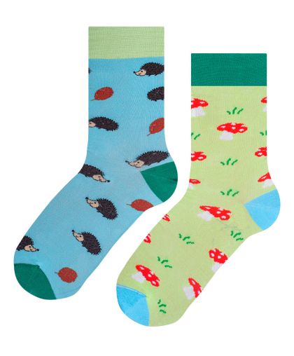 Сини и жълти чорапи с таралежи и гъбки